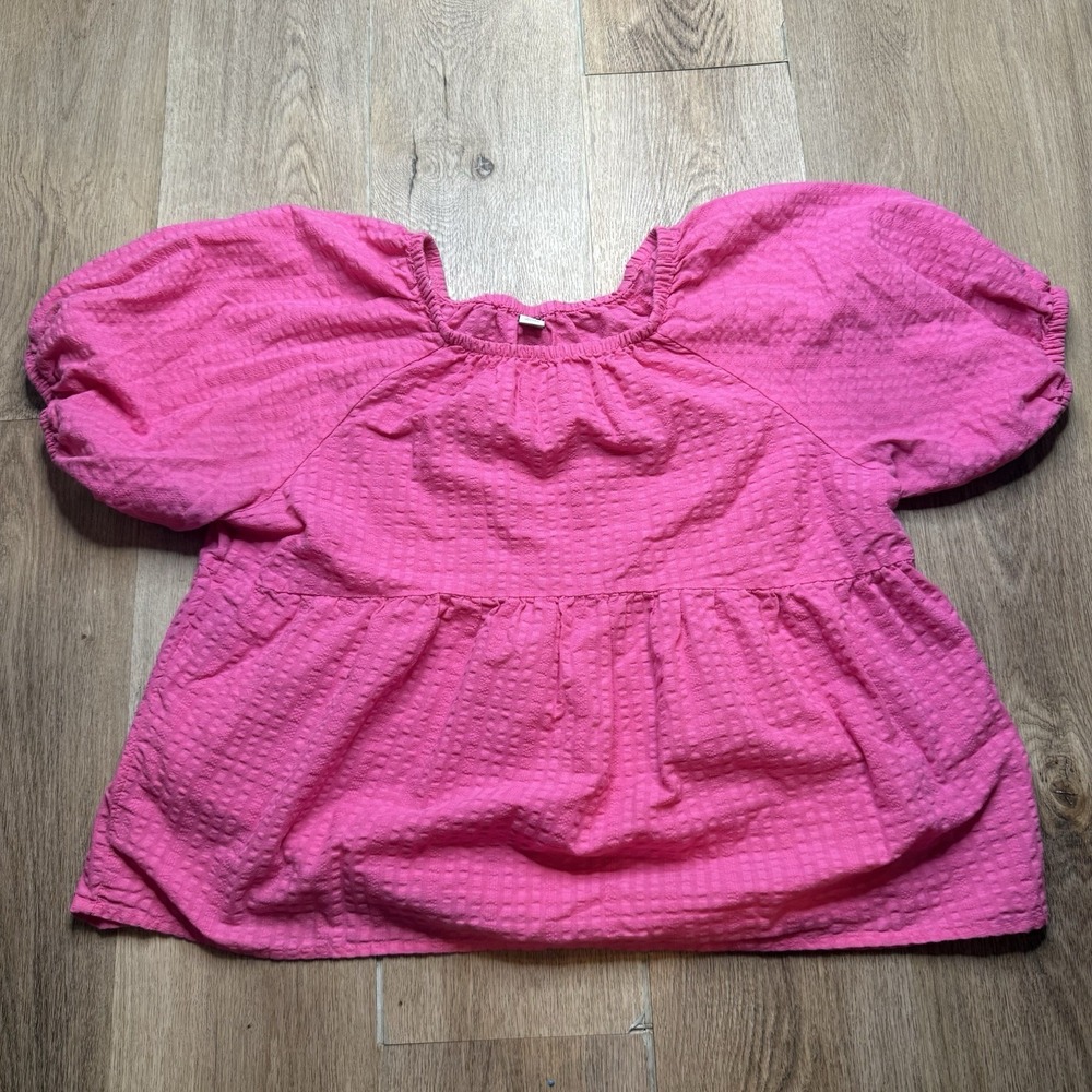 Womens Pink Babydoll Peasant Blouse Puff Sleeve Textured Top Size Large Navy